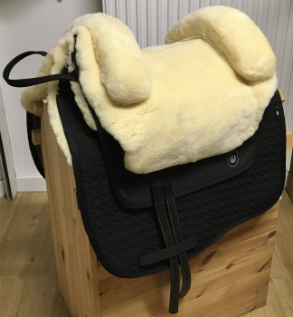 Preview: Mattes Eurofit Schabracke mit Lammfellkissen mit Correction System, ohne Fellrand, schwarz/natur, DR - sofort